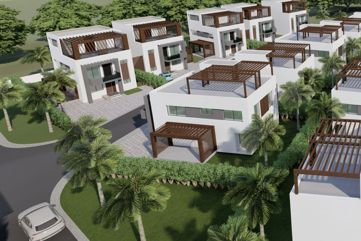 Amba Gardens luxury townhouses surrounded by lush greenery in Spintex Accra