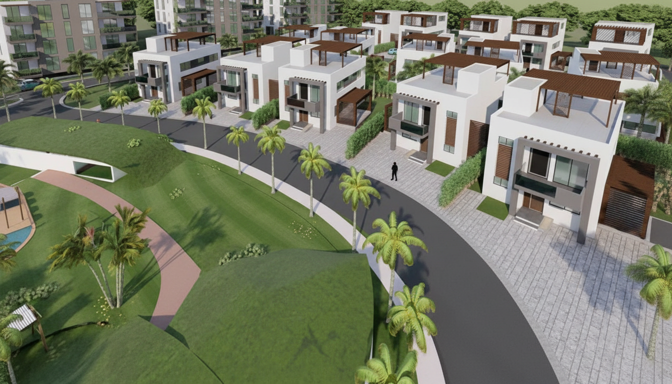 Aerial bird's eye view of Amba Gardens development showing full estate layout