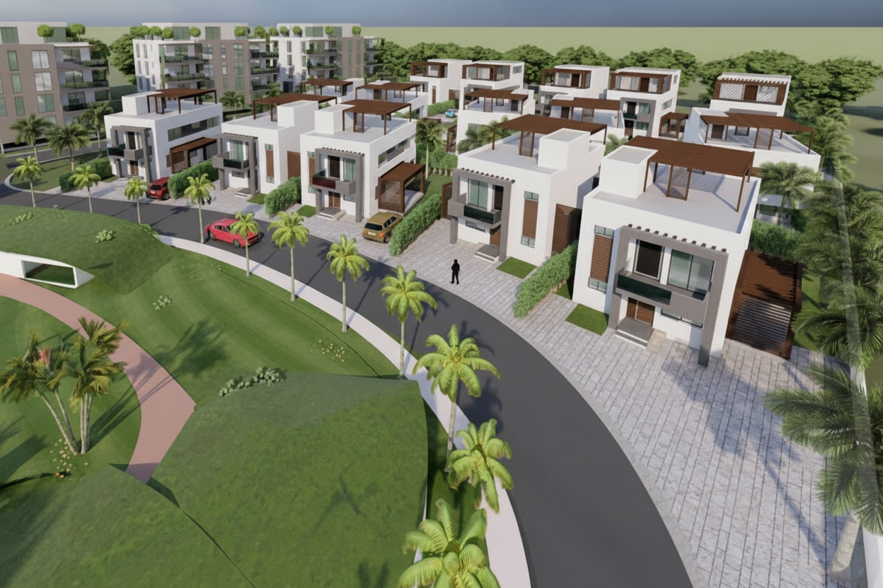 Amba Gardens townhouses aerial view showing modern architecture surrounded by palms and greenery