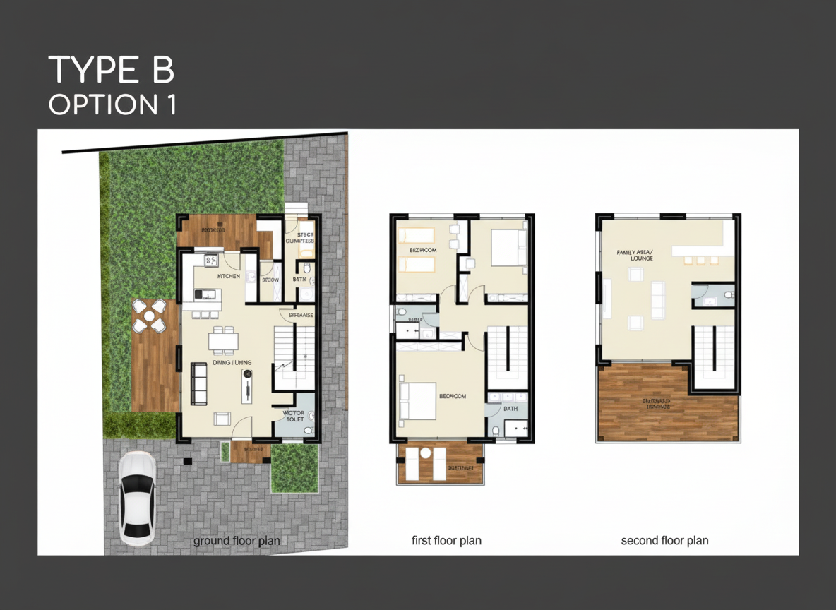 Amba Gardens Type B Option 1 Townhouse Floor Plan — 3 floors